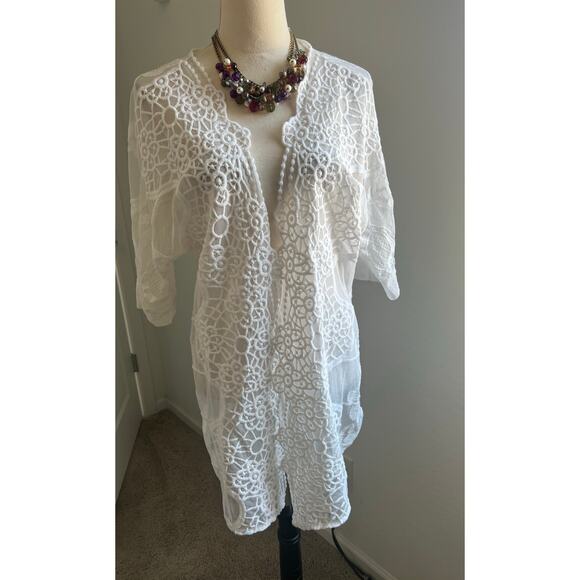 XCVI Embroidered White Floral Lace BOHO Peasant Cardigan Kimono Top Coverup Sz M - Picture 2 of 10